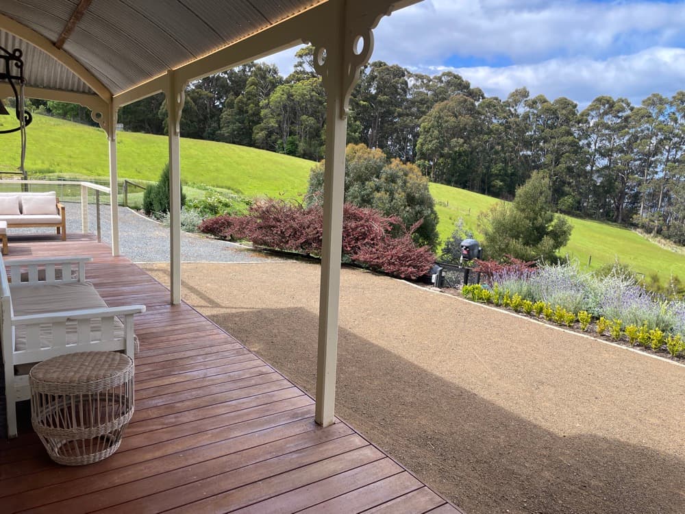 Covered porch overlooking the garden — The Cottage at Flowerpot, Southern Tasmania