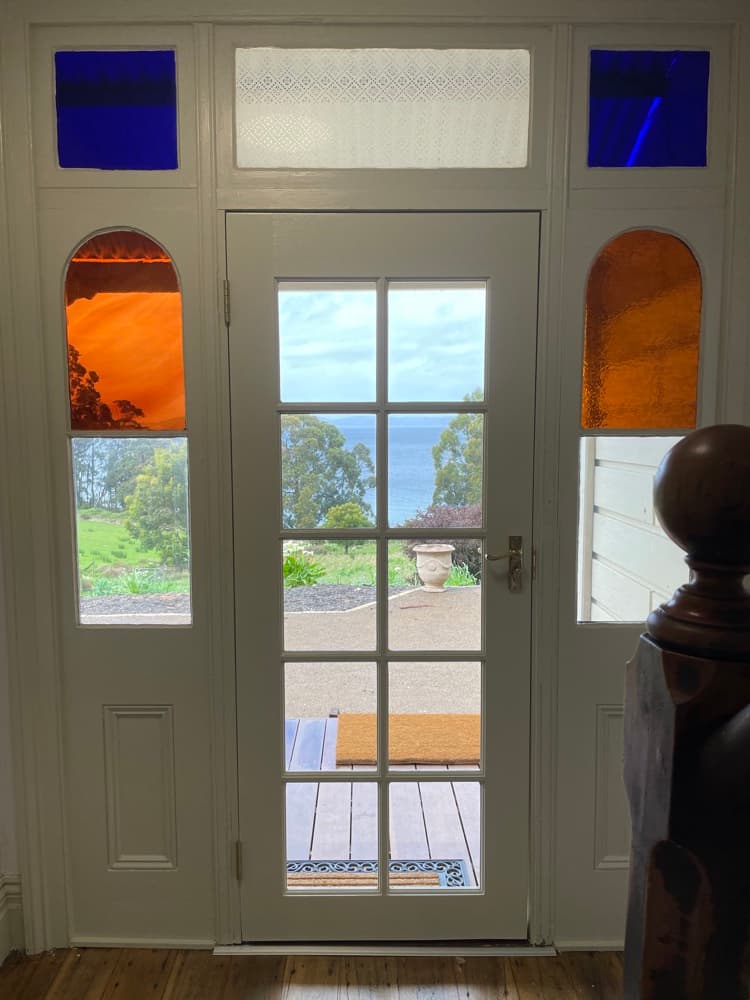 Front entrance with ocean views — The Cottage at Flowerpot, Southern Tasmania