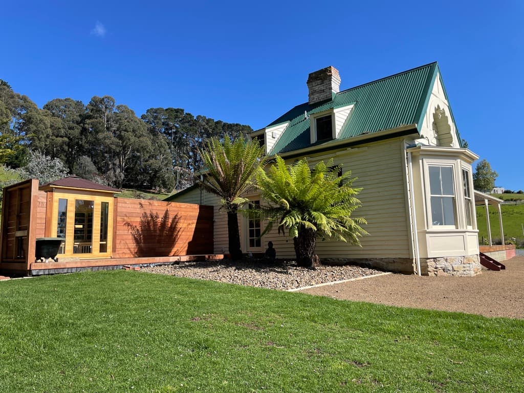 Heritage cottage exterior with infrared sauna — The Cottage at Flowerpot, Southern Tasmania