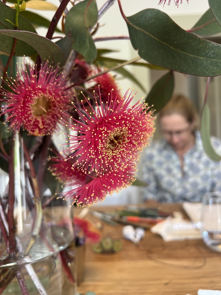 Native Tasmanian flowering gum with artist working in background