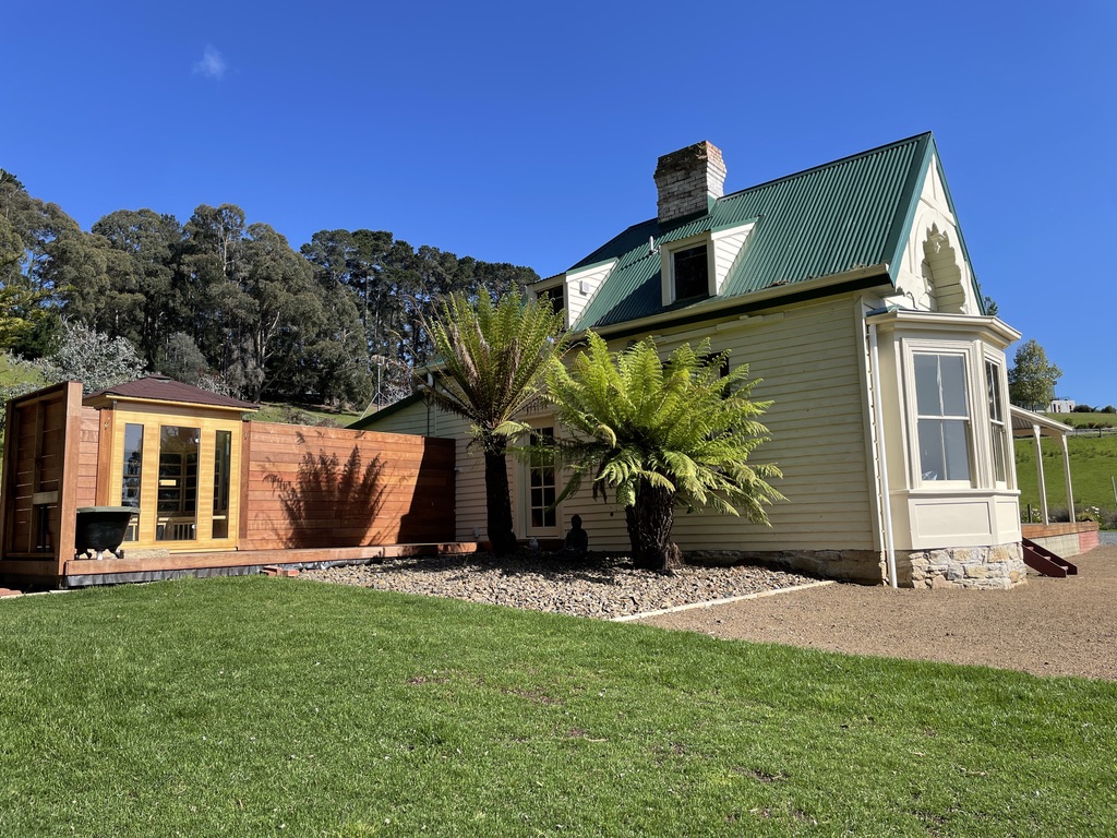 Heritage cottage exterior with infrared sauna — The Cottage at Flowerpot, Southern Tasmania